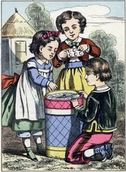 Het spel van macarons. Gravure uit het prentenboek "De spellen van de kindertijd". Beeld van Epinal, eind 19e eeuw