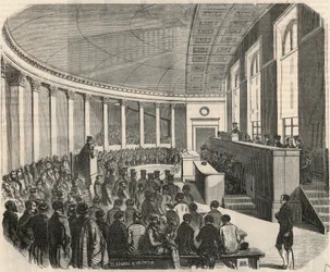 Het grote amfitheater tijdens een wedstrijd aan de rechtenfaculteit in Parijs - Gravure in 