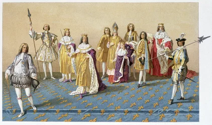De hoge waardigheidsbekleders bij de kroning van Lodewijk XV: markies de Dreux, maarschalk de Villars, hertog van Harcourt, aartsbisschop-hertog van Reims, Lodewijk XV, prins Karel van Lotharingen, hertog van Villeroy, hertog van Arnouville