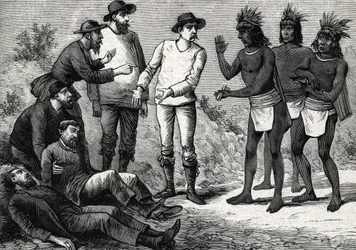 De inwoners van Peru helpen de koloniale Europeanen die lijden aan malaria met kinine (gravure) 1888