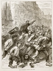 De opstandelingen grijpen de kanonnen, maart 1871, illustratie uit Cassells Geschiedenis van de Oorlog tussen Frankrijk en Duitsland, 1870-1871