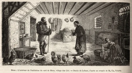 Het interieur van het huis van de pastoor van Mune, dorp Les Cici, die de verteller ontvangt in de hoofdruimte, waar een vrouw op haar knieën de was doet, naast het gevogelte dat daar in volledige vrijheid leeft, gravure naar een tekening van Lafosse ter i