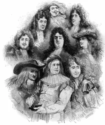 De vertolkers van Molière in de Comédie Française in 1862-1863. Van onder naar boven: Provost (Arnolphe), Joseph Samson (1893-1871) (Sganarelle), Geffroy (Clitandre), Bressant (Don Juan), Edmond Got (1822-1901) (Trissolin), Louis Delaunay (1826-1903) (Hora
