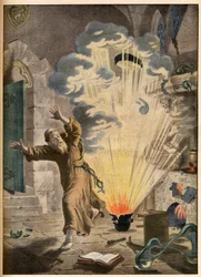 De uitvinding van buskruit door de Duitse monnik en alchemist Berthold Schwartz (ca. 1318-1384) - Illustere uitvindingen. Het buskruit. Illustratie voor Le petit Journal, 27 januari 1901.