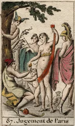 Het oordeel van Parijs, de herder Parijs moet kiezen aan wie hij de gouden appel zal geven om de mooiste van de drie godinnen, Athena, Aphrodite of Hera, aan te wijzen. Uit 