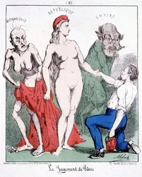 Het oordeel van Paris: Monarchie - Republiek - Keizerrijk (een communard kiest de Republiek). Cartoon over de Commune