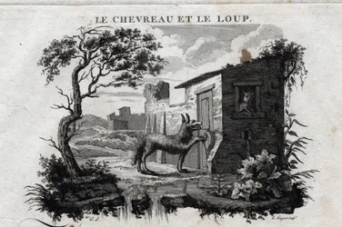 Het kind en de wolf. Fabel van Esope. Geschreven door Guillaume Montfort en gegraveerd door Beauble in 1801.
