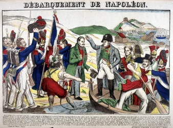 De landing in de Golf Juan: Napoleon I keerde op 1 maart 1815 terug naar Frankrijk na de periode van ballingschap op het eiland Elba. Afbeelding van Epinal