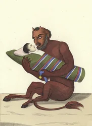 De kleine rode man wiegt zijn zoon