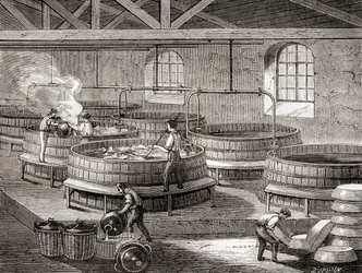De productie van zeep in grote tanks in de 19e eeuw, uit Les Merveilles de la Science, gepubliceerd ca. 1870 (gravure)