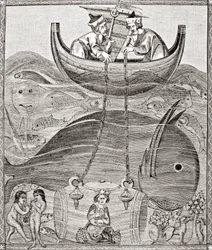 De maritieme wereld volgens de opvattingen van de Middeleeuwen, uit Wetenschap en Literatuur in de Middeleeuwen door Paul Lacroix, gepubliceerd in Londen 1878