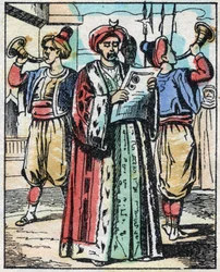 Het huwelijk van de dochter van de Sultan met de zoon van de Grootvizier wordt aangekondigd door een openbare voorlezer. Gravure van het verhaal Duizend-en-een-nacht "Aladin en de Wonderlamp". Epinal afbeelding, eind 19e eeuw. Privécollectie.
