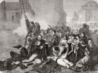 Het bloedbad van burgers op Castle Square, Warschau, op 8 april 1861 door Russische infanterie en cavalerie, uit "L