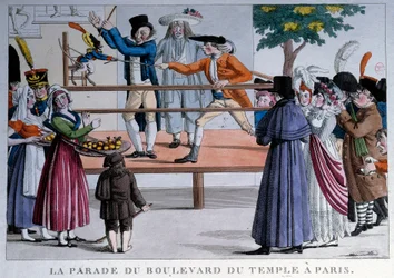 De parade van de boulevard du temple in Parijs. Anonieme lithografie