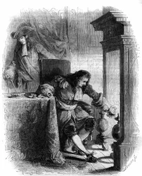 De toneelschrijver Jean Galbert de Cammistron correspondeert met hertog Louis Joseph de Vendôme. Gravure uit 1856.