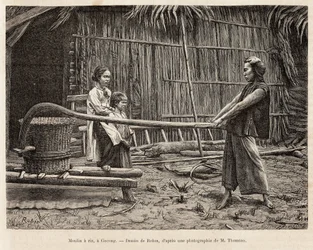 De rijstmolen, voor het huis van een boer in Gocong, gravure naar een tekening van Robin ter illustratie van de reis naar Cochinchine, door dokter Morice, in 1872, gepubliceerd in 
