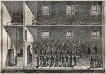 De douches in gevangenissen: de baden door besprenkeling in Fontevrault - Gravure in 