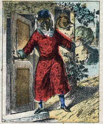 De zieke leeuw en de vos. Fabels van Jean de La Fontaine (1621-95). Epinal afbeelding eind 19e eeuw.