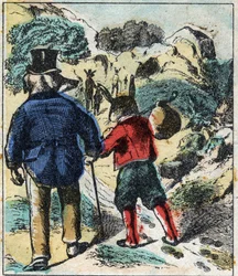 De zieke leeuw en de vos. Fabels van Jean de La Fontaine (1621-95). Epinal afbeelding eind 19e eeuw.