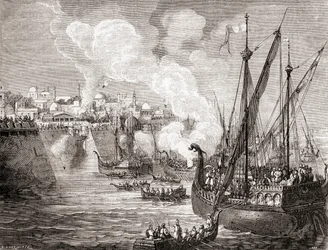 Het beleg van Constantinopel in 1453 door Ottomaanse sultan Mehmed II, uit Les Merveilles de la Science, gepubliceerd ca. 1870 (gravure)