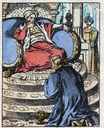De sultan is verbaasd over de diamanten die Aladin hem aanbiedt om de hand van zijn dochter te vragen. Gravure van het verhaal van Duizend-en-een-nacht 