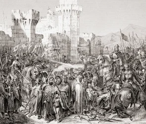 De overgave van Akko aan Filips II van Frankrijk, genaamd Filips Augustus, tijdens de Derde Kruistocht, uit L