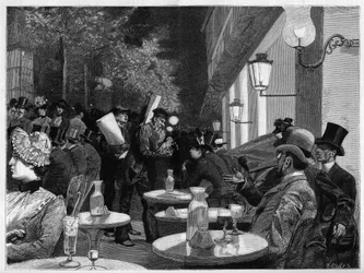 Het terras van een café aan de Boulevard om middernacht in Parijs. Gravure in 
