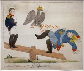De wip. Portret van Napoleon Bonaparte (1769-1821) staand op een schommelbord, kijkend naar zijn vijand die valt, opgeblazen door een adelaarskroon. Cartoon. Ets, begin 19e eeuw, Frankrijk. Napoleontisch Museum, Antibes