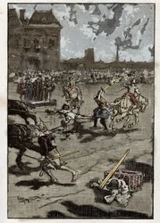 De marteling van François Ravaillac, moordenaar van koning Hendrik IV: hij werd gevierendeeld in Parijs op 27 mei