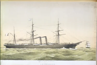 De trans-Atlantische peddelstoomboot Le Pereire op weg van Le Havre naar New York, ca. 1860