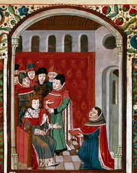 De vertaler Jean de Meung schenkt zijn werk aan koning Filips IV de Schone (miniatuur uit 