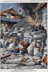 De onrust in Korea, de Japanse wacht worstelt met de oproerkraaiers in Seoul, ontevreden over de abdicatie van Yi-Yeung (