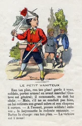 De ijdele kleine. Kind houdt niet van algemeen en geeft bevelen aan zijn kameraden. Jongensalfabet. Abecedarium heeft morele waarde met leesoefeningen. Epinal beeld eind 19e eeuw