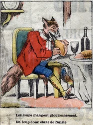 De wolf en de ooievaar. Fabels van Jean de La Fontaine. Epinal afbeelding eind 19e eeuw