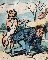 De wereld op zijn kop, een denkbeeldig land: een hond die zijn meester aan de lijn uitlaat - Epinal afbeelding