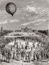 De eerste waterstofballon ter wereld, gelanceerd boven de Champs de Mars, Parijs, Frankrijk in 1783, uit Les Merveilles de la Science, gepubliceerd ca. 1870