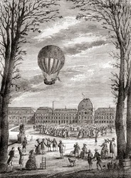 De eerste bemande waterstofballonvlucht ter wereld boven de Champs de Mars, Parijs, Frankrijk op 1 december 1783, bestuurd door Nicolas-Louis Robert en professor Jacques Charles, uit 