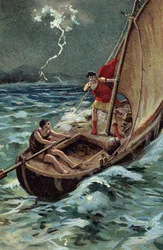 De jonge Julius Caesar (100-44 v.Chr.) steekt de Adriatische Zee over om zich bij Dalmatië aan te sluiten, moedig ondanks de storm, vertrouwend op zijn goede ster en bestemming