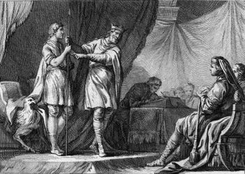 Thibaut I (Theodebald, ca. 535-555), koning van Austrasië, wijst het aanbod van de ambassadeurs van de Byzantijnse keizer Justinianus af om de verdediging van de Ostrogoten op te geven en zich bij het rijk aan te sluiten. Gravure uit de 18e eeuw