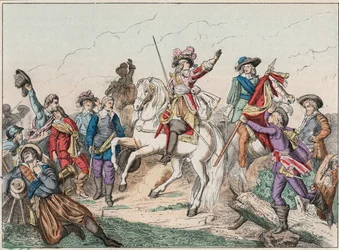 Dertigjarige Oorlog (1618-1648): Prins Lodewijk II van Bourbon Condé, bekend als de Grote Condé (1621-1686), Hertog van Enghien, begroet het lijk van de Graaf van Fontaine bij de Slag bij Rocroi tegen de Spanjaarden, 19 mei