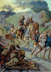 Théoderick, oudste zoon van Clovis, in de Arvernes (Auvergne) (532-533). Chromolithografie van de Serie "Patriottische Opvoeding door Beeld"