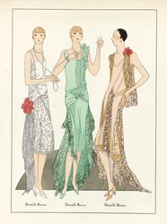 Drie ontwerpen voor kanten jurken, geb. c1923 (pochoirdruk)