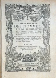 Titelpagina van de Heptameron: verhalen of nieuws door Margarita van Navarra (Marguerite van Valois, Marguerite van Angoulême of Marguerite van Frankrijk (1492-1549) Koningin van Navarra en dichteres
