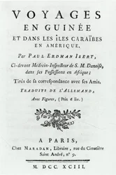 Titelpagina voor Reizen naar Guinee en de Caraïbische Eilanden in Amerika door Paul Erdman Isert, gepubliceerd 1743