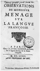 Titelpagina van Observations sur la langue francaise door Gilles Menage (1613-92) 1672 editie, chez Claude Barbin, au Palais, sur le second perron de la Sainte Chapelle, Parijs