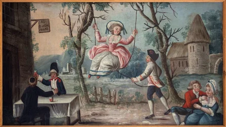 Aan de drie verenigde standen. De geestelijkheid, de adel en de Derde Stand verenigd in een herberg. Een jonge vrouw schommelt. Geschilderd uithangbord van een kokardehandelaar, vermoedelijk afkomstig uit het Palais Royal, anoniem schilderij
