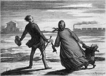 Te laat! : een familie heeft net de trein gemist. Cartoon door Honore Daumier (1808-1879). Gravure in 