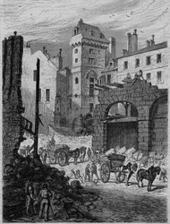 Tour Jean Sans Peur, laatste overblijfsel van het Hôtel de Bourgogne, tijdens het doorbreken van de rue Etienne Marcel, Parijs. Gravure