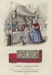 Speelgoedkraam, 17e eeuw, en decoratief detail uit een getijdenboek, 1520