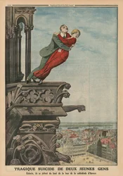 Tragische zelfmoord van twee jonge mensen vanaf de toren van de kathedraal in Antwerpen, achteromslagillustratie uit «Le Petit Journal, supplément illustré», 11 mei 1913